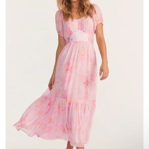 LoveShackFancy Angie Cold-Shoulder Tiered Satin-Trimmed Pink Floral Midi Dress